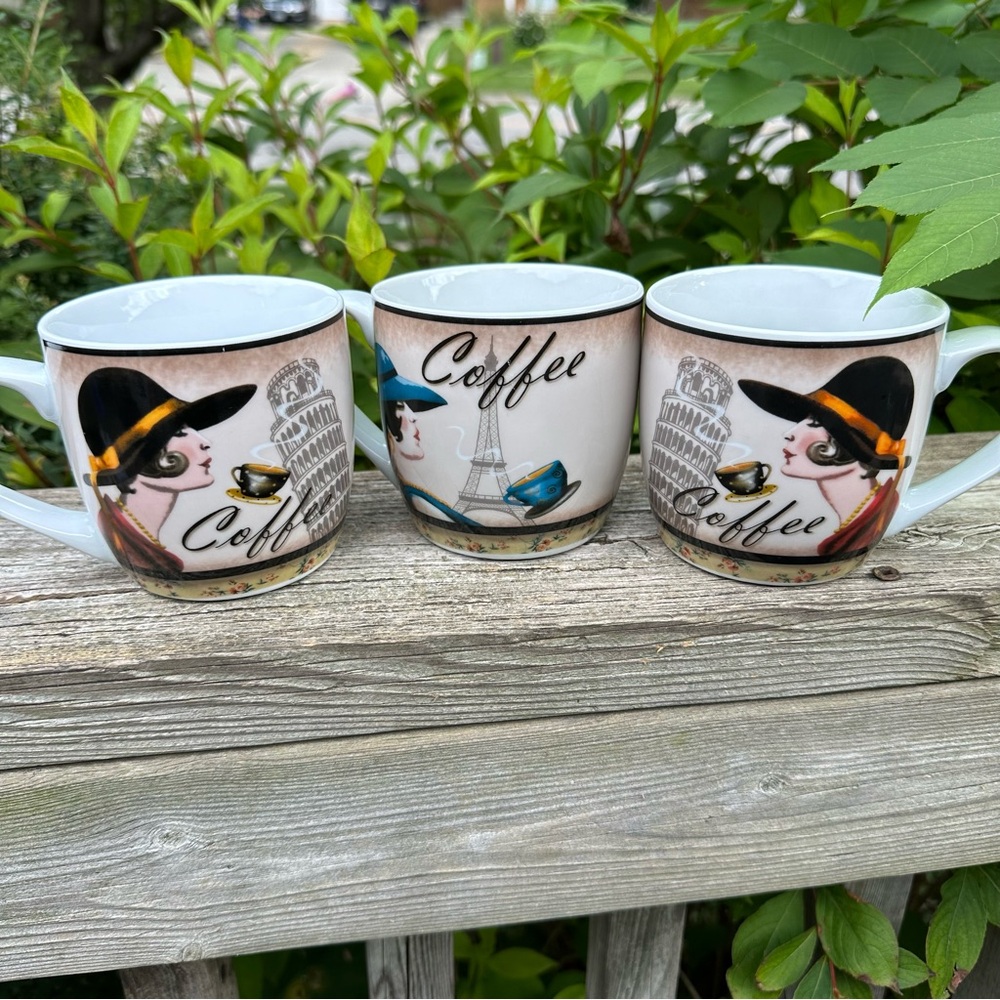 Set of 3 Zrike Everyday Brands Lady coffee cups 2 Leaning Tower & 1 Eiffel Tower